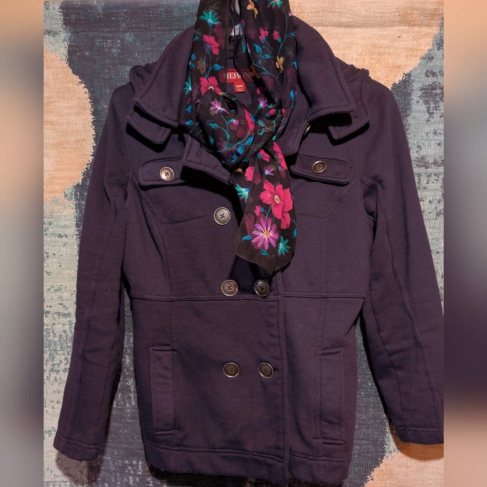Navy Jacket with Floral Scarf